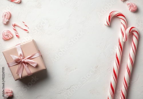 Minimalist holiday flat lay featuring a small gift box tied with a ribbon in one corner and a couple of candy canes in another, with an empty space in the middle