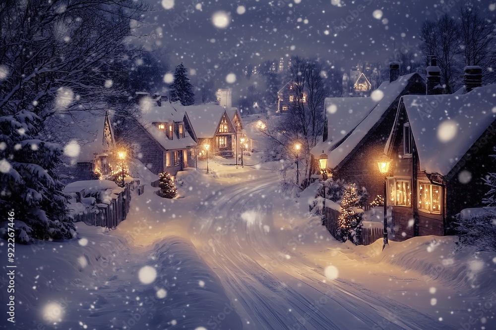 Snowy village scene with lit houses and falling snowflakes at ni Snowy village scene with lit houses and falling snowflakes at ni