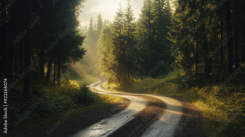 Obraz premium A road with a curve in the middle of a forest