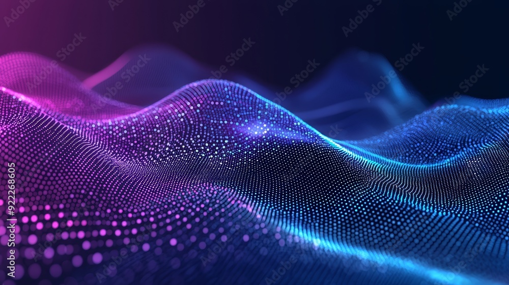 The background is an abstract digital data wave with moving dots. The sound is a stream of musical notes. The rendering is 3D. The background is an abstract digital data wave with moving dots. The sound is a stream of musical notes. The rendering is 3D.