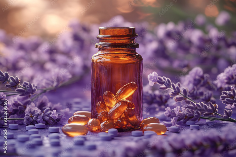 A pill bottle with a few vitamins spilling out, isolated on a pastel lavender background, A pill bottle with a few vitamins spilling out, isolated on a pastel lavender background,