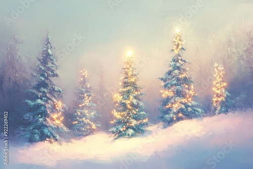 Misty winter scene with illuminated trees and soft snow