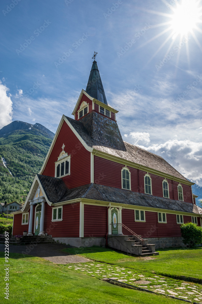 Traditional, red Norwegian church, located in Olden, in the Stryn Municipality in Vestland county, Norway Traditional, red Norwegian church, located in Olden, in the Stryn Municipality in Vestland county, Norway