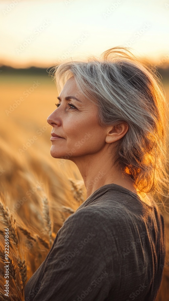 Senior farmer woman looking at sunset over wheat field Senior farmer woman looking at sunset over wheat field