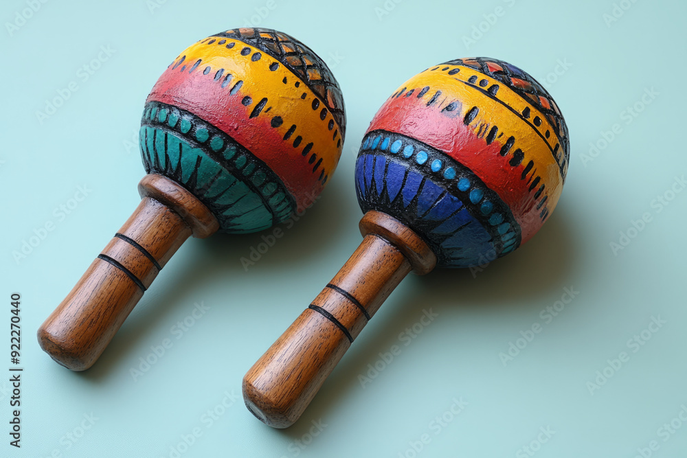 A pair of maracas, painted in bright colors, isolated on a pastel mint background, A pair of maracas, painted in bright colors, isolated on a pastel mint background,