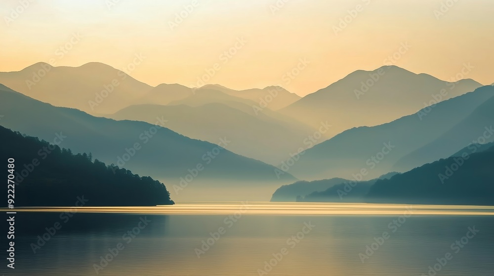 Fototapeta premium Misty mountains reflect in tranquil lake at sunrise