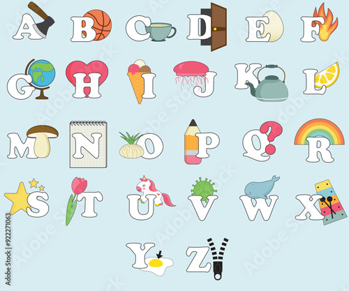 Alphabet for schoolchildren with illustrations for each letter on a light blue background.