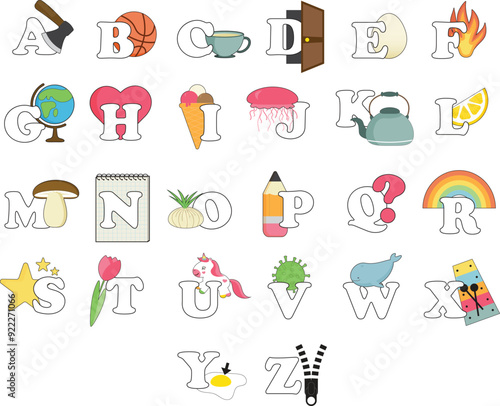 Alphabet for schoolchildren with illustrations for each letter without background.