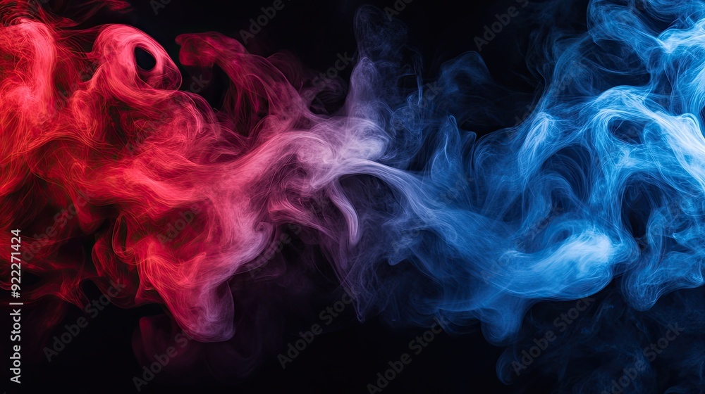 Fototapeta premium Bold, red and blue 3D smoke graphics, creating dynamic patterns against a black background