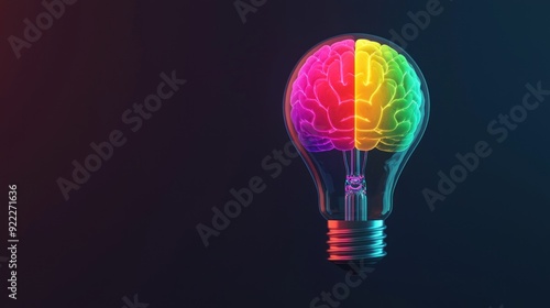 Macro shot of a brain inside a light bulb, glowing with a spectrum of rainbow light, highlighting neural details, symbolizing creative inspiration