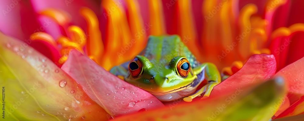 Green Frog with Red Eyes Hiding in a Pink Flower Green Frog with Red Eyes Hiding in a Pink Flower