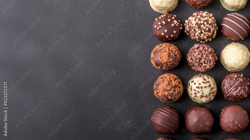 Obraz premium Rich dark chocolate truffles with a variety of toppings, close-up, gourmet and luxurious feel, [handcrafted dark chocolate], [artisanal delights]