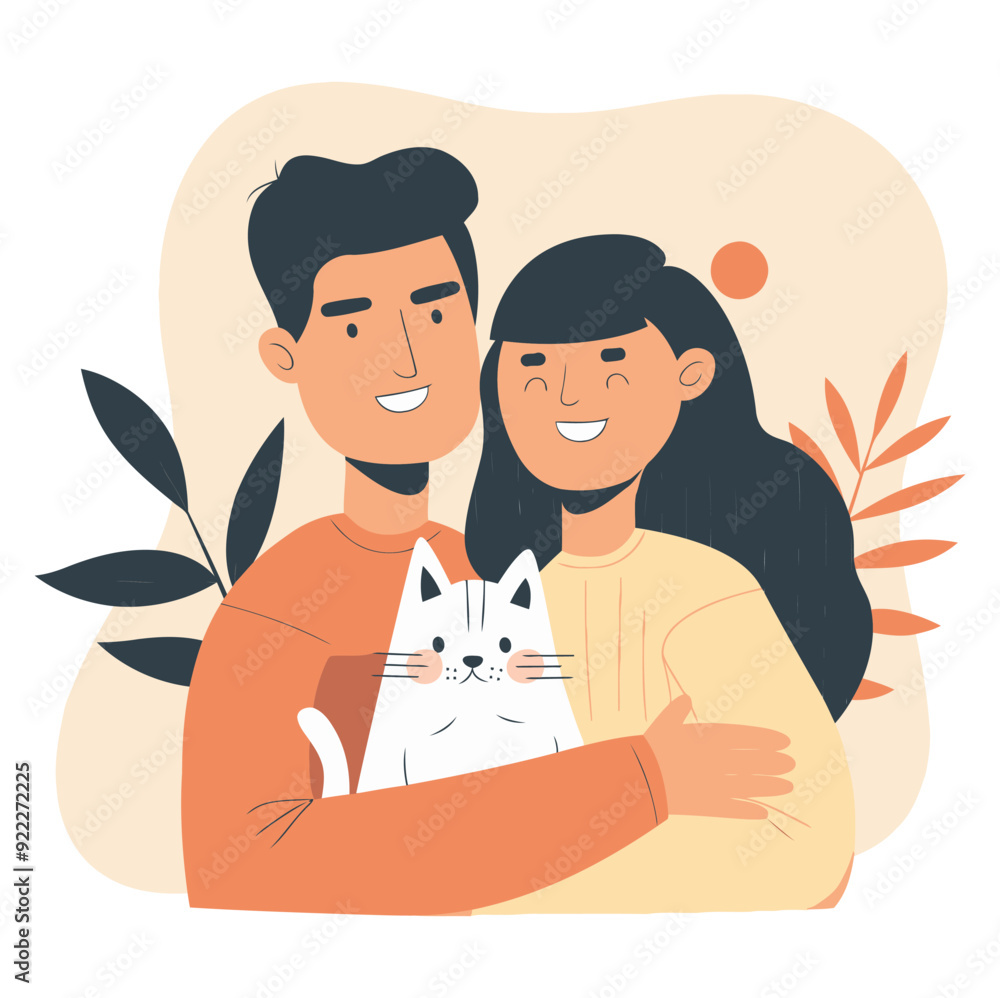 Obraz premium Couple with Cat, Ideal for Love and Pet Themes - Flat Vector Illustration