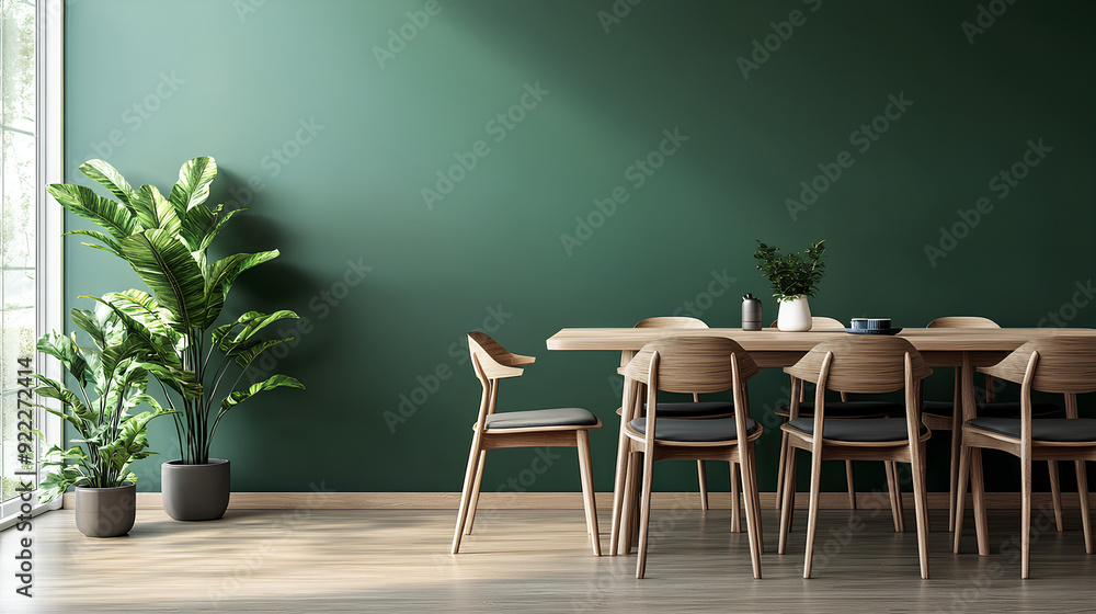 Obraz premium Wooden dining table and chairs against green wall. Scandinavian, mid-century home interior design of modern dining room