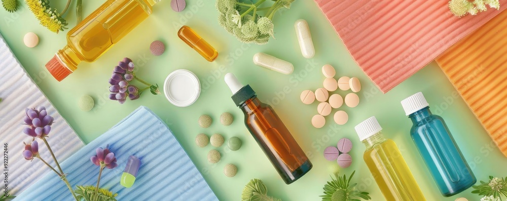 A vibrant flat lay featuring natural oils, supplements, and herbs on colorful stripes, perfect for wellness and health imagery. A vibrant flat lay featuring natural oils, supplements, and herbs on colorful stripes, perfect for wellness and health imagery.