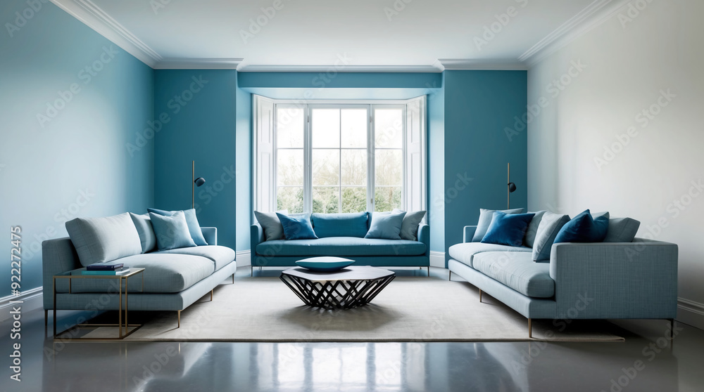 Modern living room with blue tones and natural light in a spacious urban apartment during daytime
