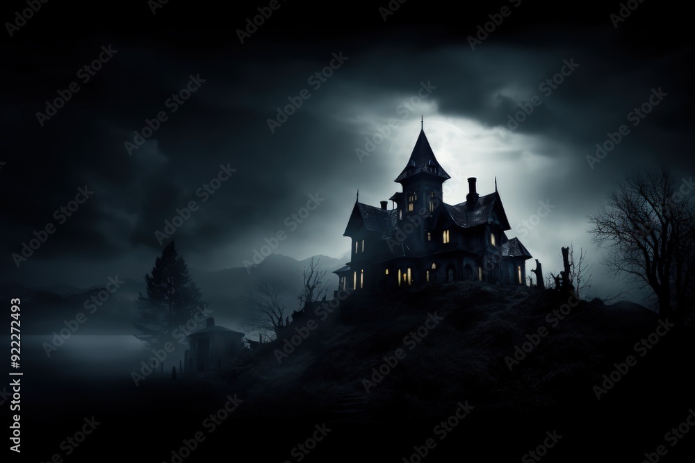 A creepy house with a dark sky and a full moon A creepy house with a dark sky and a full moon