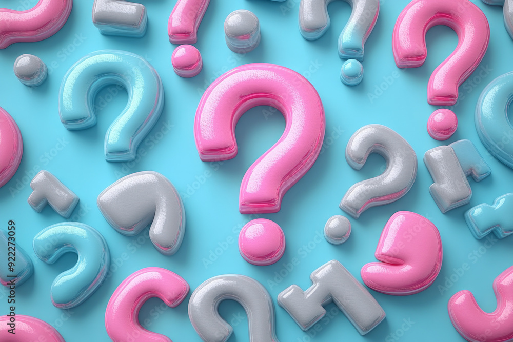 A group of uniform grey question marks, with one popping in bright pink, set against a pastel turquoise background,