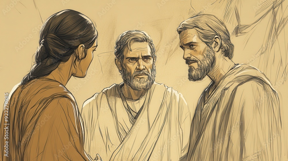Biblical Illustration: Ziba, with a respectful expression, speaks to David about Mephibosheth's situation, while the court looks on curiously, set against a beige background for Bible wall art. Biblical Illustration: Ziba, with a respectful expression, speaks to David about Mephibosheth's situation, while the court looks on curiously, set against a beige background for Bible wall art.