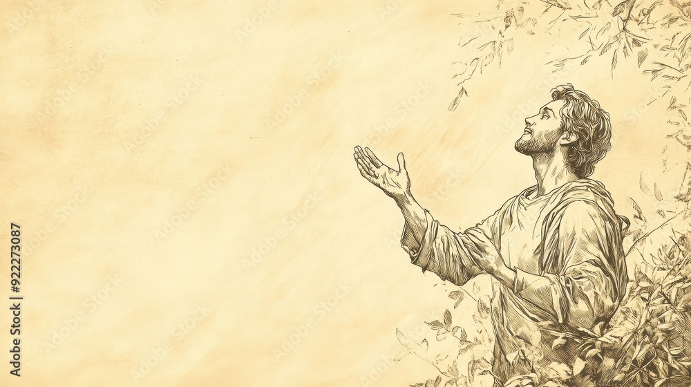 Fototapeta premium Biblical Illustration: David surrounded by nature, expressing gratitude for God saving him from his enemies, set against a beige background for Bible wall art.
