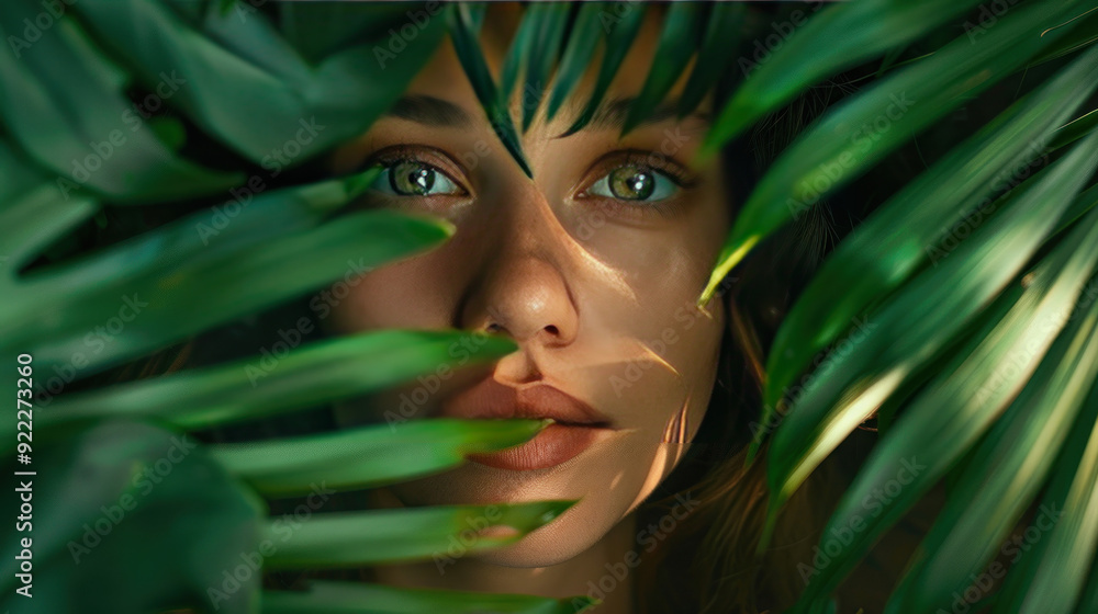 Young woman's face framed by an array of tropical leaves, emphasizing her connection with nature Young woman's face framed by an array of tropical leaves, emphasizing her connection with nature