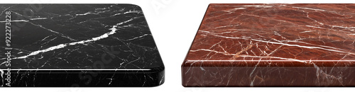 Black and red marble surfaces with natural veining patterns, showcasing luxury stone materials ideal for countertops, tabletops, and interior design photo