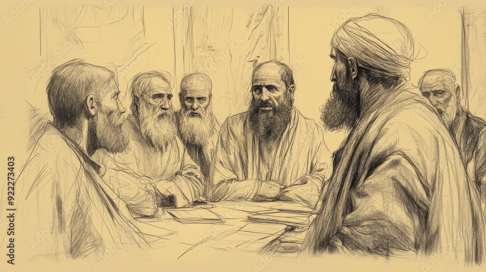 Fototapeta premium Biblical Illustration: Absalom meets with his loyal supporters in a private chamber, planning his next steps with a look of determination, set against a beige background for Bible wall art.