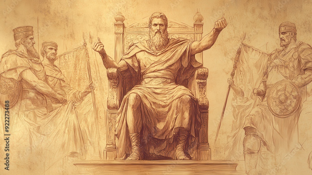 Fototapeta premium Biblical Illustration: David, accepting tributes from defeated kings, sits on a throne with banners of conquered nations displayed around him, set against a beige background for Bible wall art.
