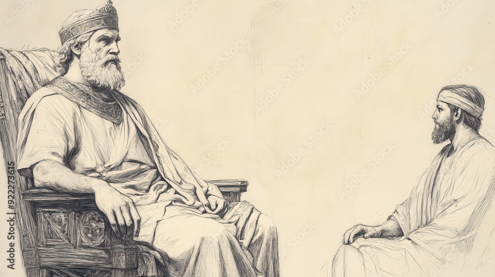 Fototapeta premium Biblical Illustration: David, seated on his throne, listens intently as Ziba kneels before him, presenting news about Mephibosheth, set against a beige background for Bible wall art.