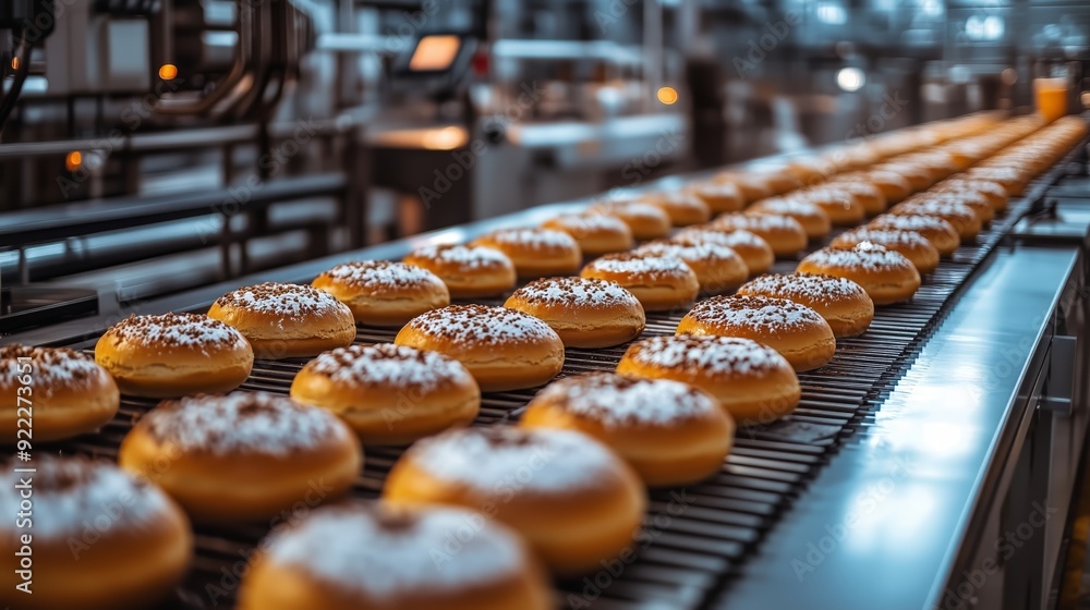 A close-up view of freshly glazed doughnuts topped with white sprinkles moving along a conveyor belt in an industrial food production line A close-up view of freshly glazed doughnuts topped with white sprinkles moving along a conveyor belt in an industrial food production line