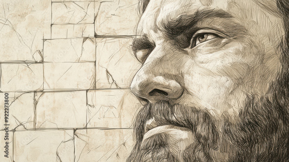 Biblical Illustration: Close-up of David’s relieved and thankful face as he looks at the familiar walls of Jerusalem, his home and stronghold, set against a beige background for Bible wall art. Biblical Illustration: Close-up of David’s relieved and thankful face as he looks at the familiar walls of Jerusalem, his home and stronghold, set against a beige background for Bible wall art.
