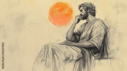 Biblical Illustration of David Hears of Saul’s Death: David Sits in Silence, Deep in Thought as the Sun Sets, Symbolizing the End of Saul’s Reign, 2 Samuel Scene, Bible Wall Art on Beige Background