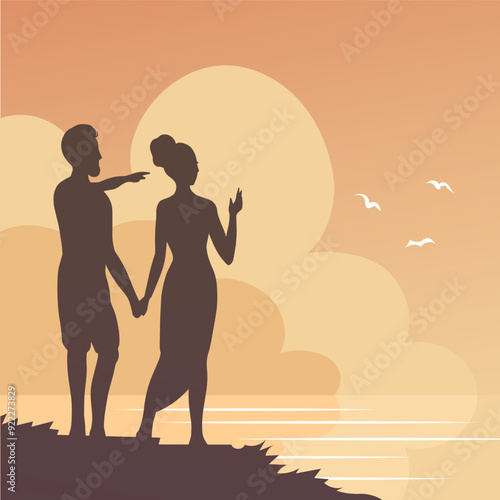 Young couple by the sea. Silhouette of people against the background of sunset. Cloudy seascape. Romantic date between a man and a woman. Fabulous view. Vector illustration