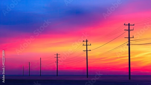 Electric poles against the backdrop of a colorful sunset sky