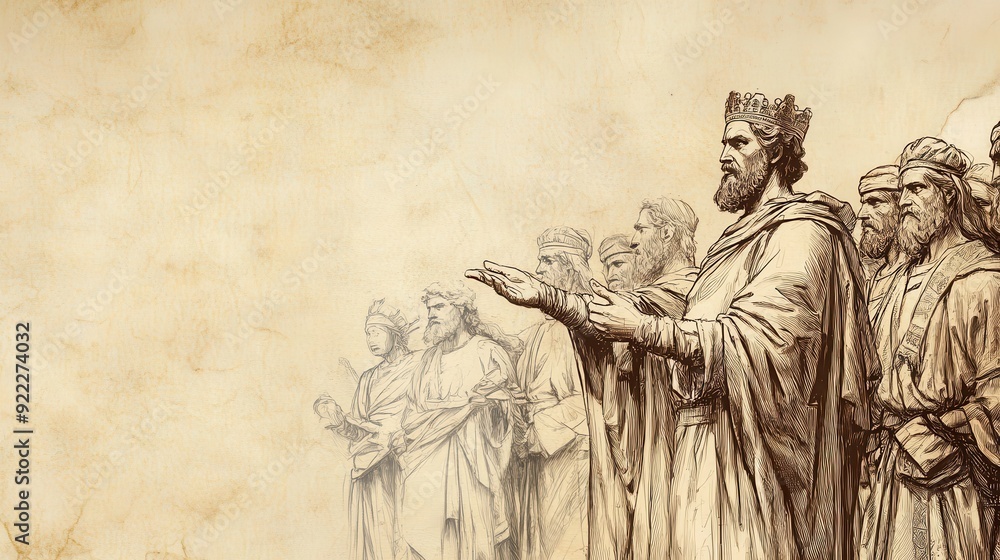 Fototapeta premium Biblical Illustration: King David reaffirming his commitment to justice and the well-being of all tribes of Israel, set against a beige background for Bible wall art.