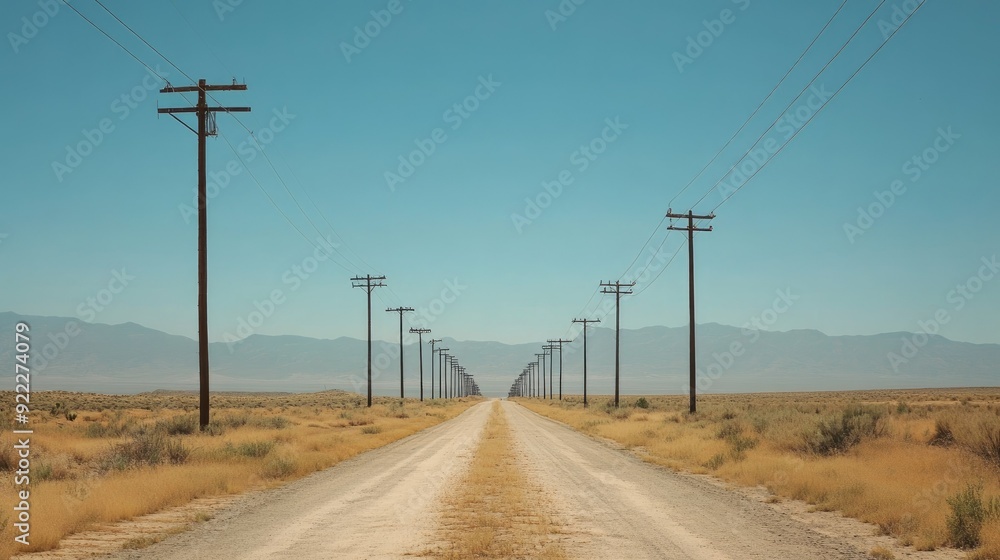 Electric poles crossing a wide, open desert landscape Electric poles crossing a wide, open desert landscape