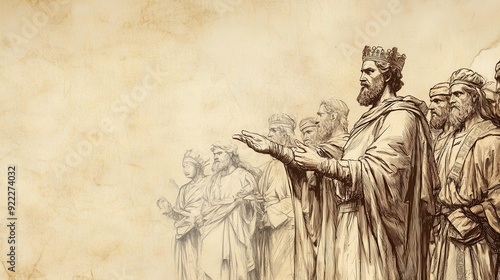 Biblical Illustration: King David reaffirming his commitment to justice and the well-being of all tribes of Israel, set against a beige background for Bible wall art.
