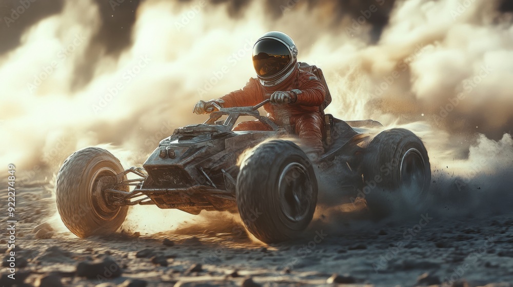 Astronaut driving fast on futuristic moon buggy leaving dust trail Astronaut driving fast on futuristic moon buggy leaving dust trail