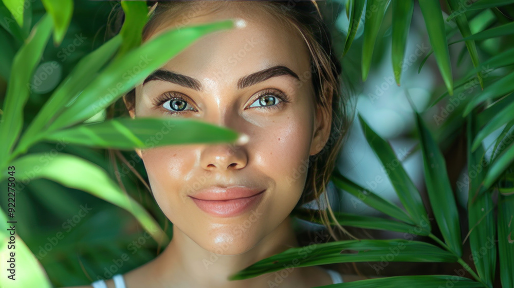 Woman with radiant skin and natural makeup posing in front of a tropical background filled with green leaves and ferns Woman with radiant skin and natural makeup posing in front of a tropical background filled with green leaves and ferns