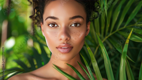 Woman with radiant skin and natural makeup posing in front of a tropical background filled with green leaves and ferns