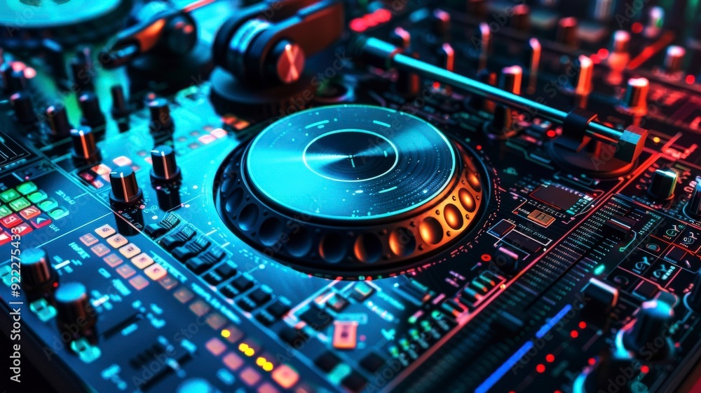 A close-up of a DJ mixer with colorful lights and intricate controls for music mixing. A close-up of a DJ mixer with colorful lights and intricate controls for music mixing.