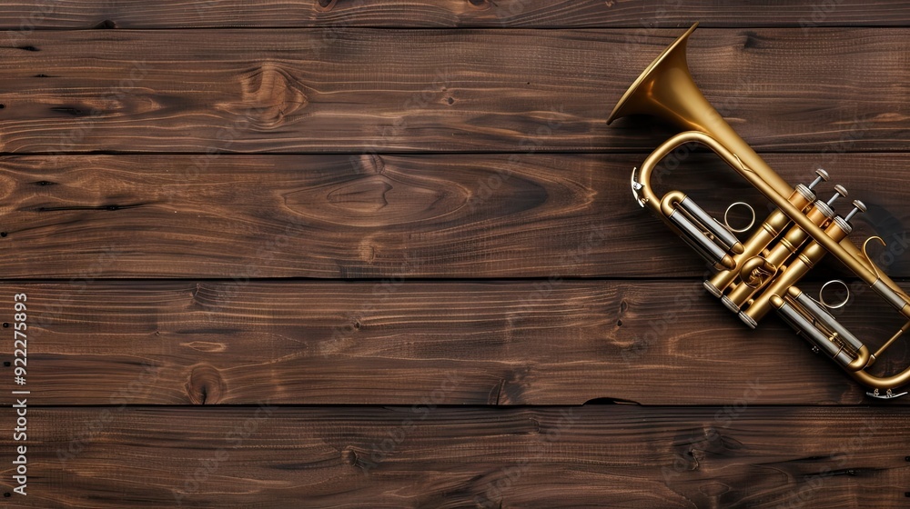Fototapeta premium A close-up view of a gleaming trumpet resting on a wooden surface beside scattered music sheets, inviting creative expression and harmony