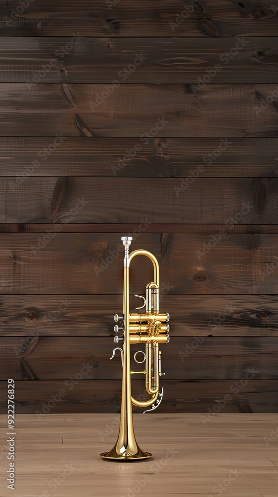 Fototapeta premium Close-up of a gleaming trumpet resting against a wooden backdrop with musical notes, capturing the essence of music and artistry in a serene setting