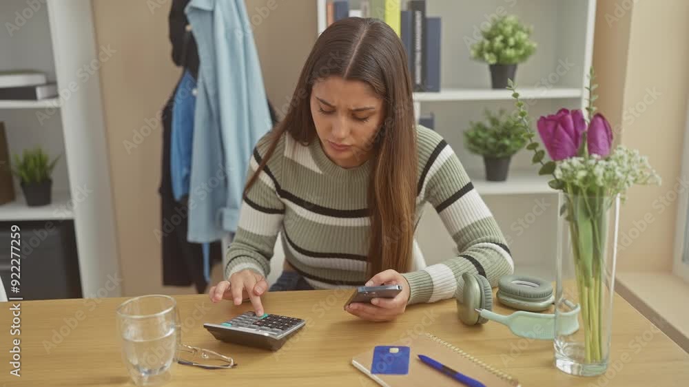 Hispanic woman calculates expenses on calculator while holding credit card at home. Hispanic woman calculates expenses on calculator while holding credit card at home.