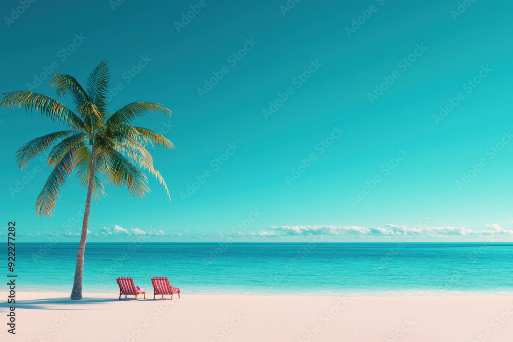 Fototapeta premium A serene beach scene featuring vibrant blue water, a single palm tree, and relaxing red lounge chairs under a clear sky.