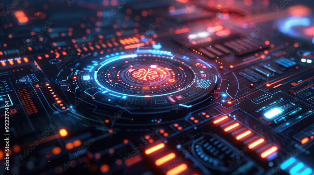 Futuristic circuit board with glowing elements, showcasing advanced technology and digital innovation. Futuristic circuit board with glowing elements, showcasing advanced technology and digital innovation.
