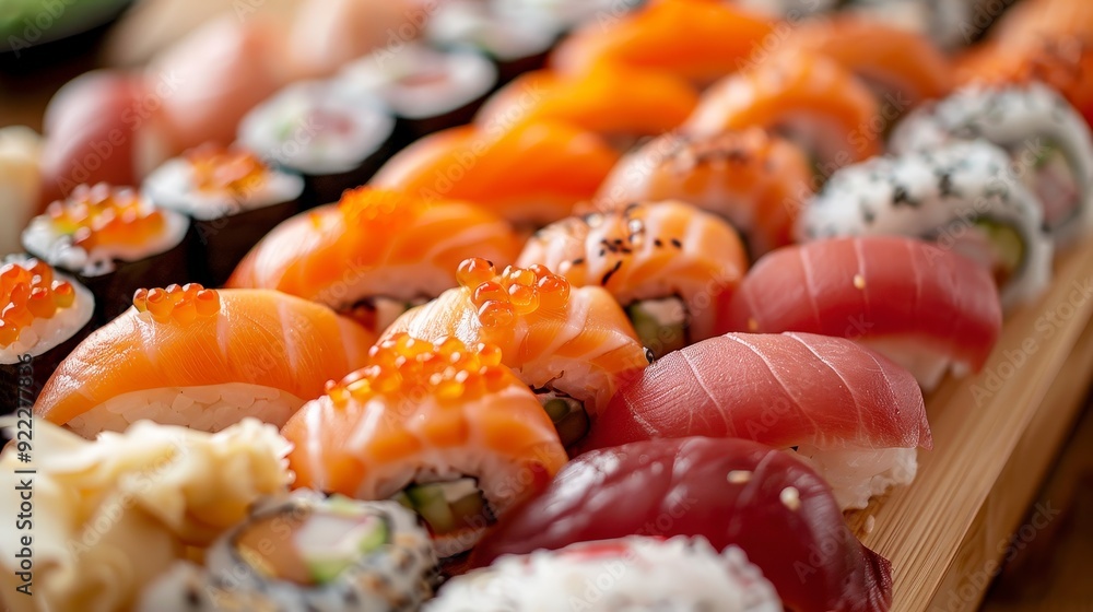Exquisite Sushi Platter Featuring Nigiri and Sashimi on Wooden Tray Close-Up Exquisite Sushi Platter Featuring Nigiri and Sashimi on Wooden Tray Close-Up
