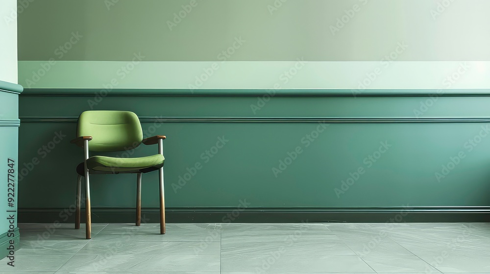A single green chair sits in a room with green walls and a tiled floor, the chair is in the left corner of the room. A single green chair sits in a room with green walls and a tiled floor, the chair is in the left corner of the room.