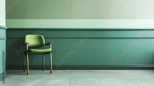 A single green chair sits in a room with green walls and a tiled floor, the chair is in the left corner of the room.