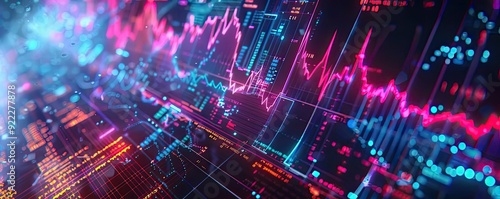 Abstract digital background showcasing financial data analysis with vibrant graphs and glowing lines representing market trends.